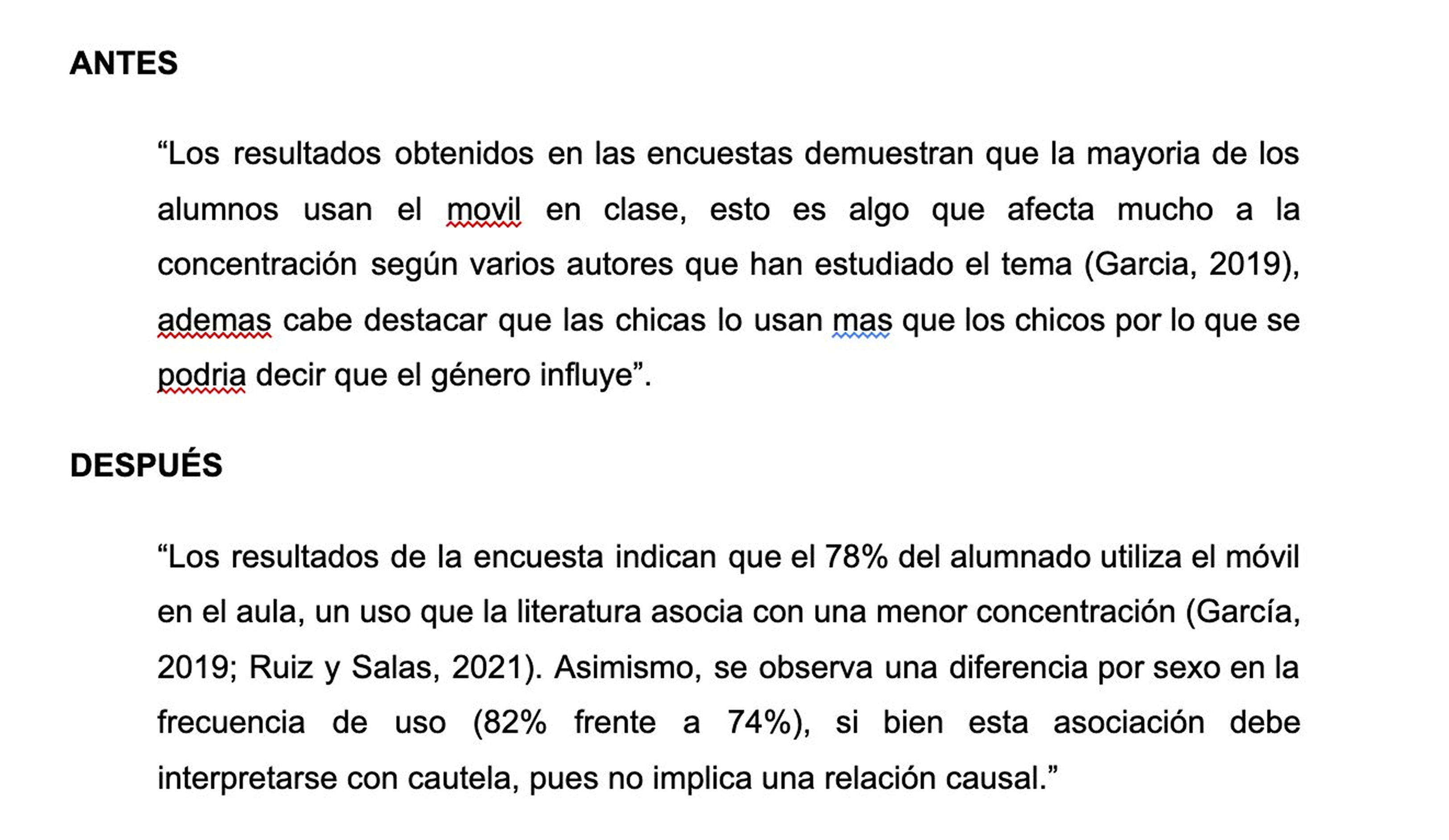 Comparativa antes y después de un párrafo corregido en un trabajo académico